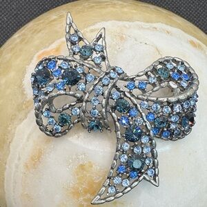 Vintage Pewter Tone Blue Rhinestone Bow Pin or Brooch